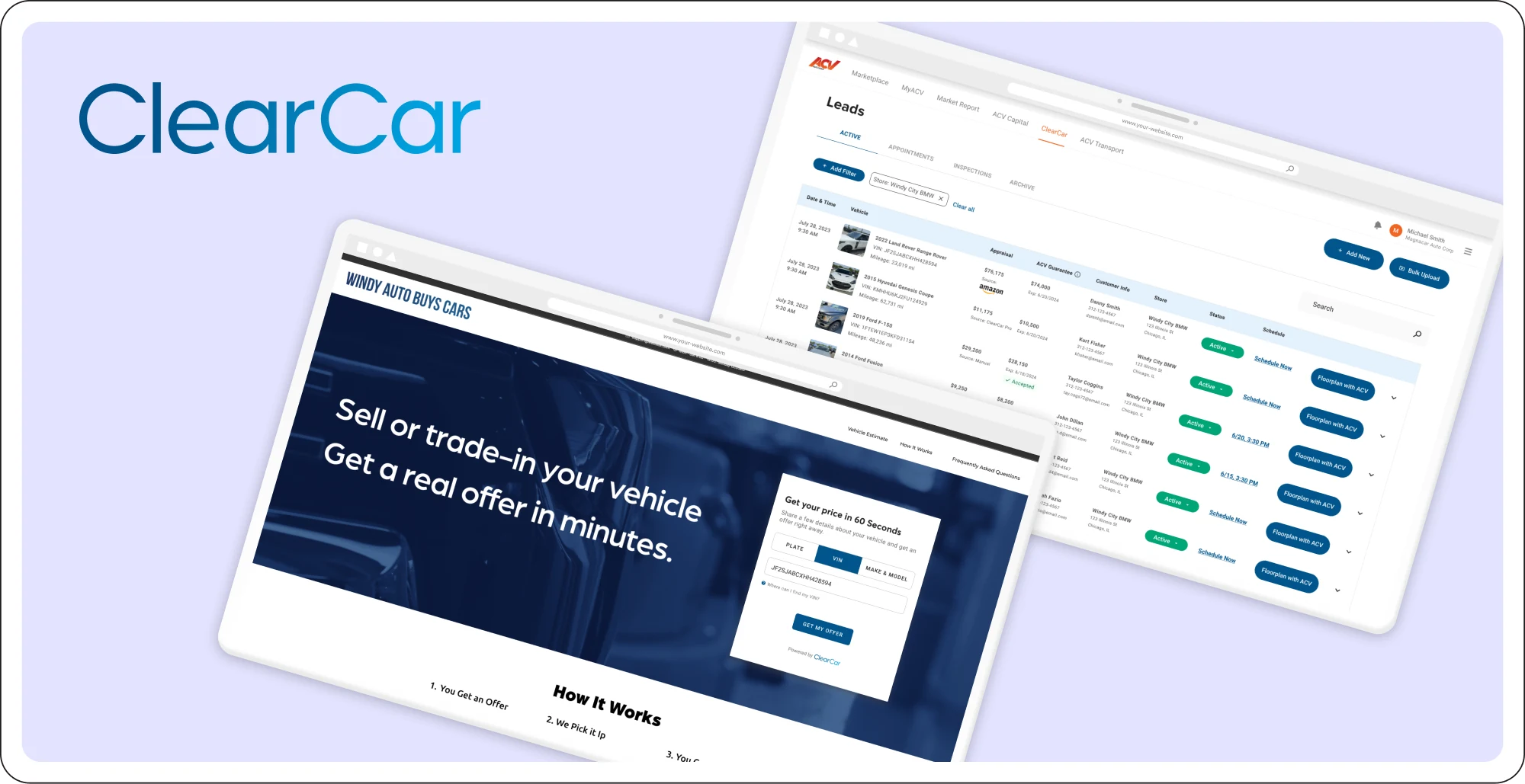ClearCar trade-in widget on a dealer site and the ACV lead gen portal