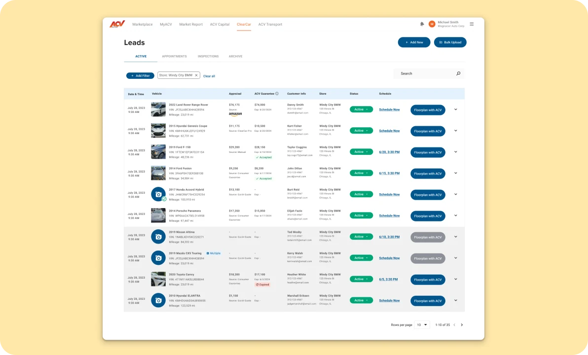 Lead gen portal table with every lead, status and scheduling