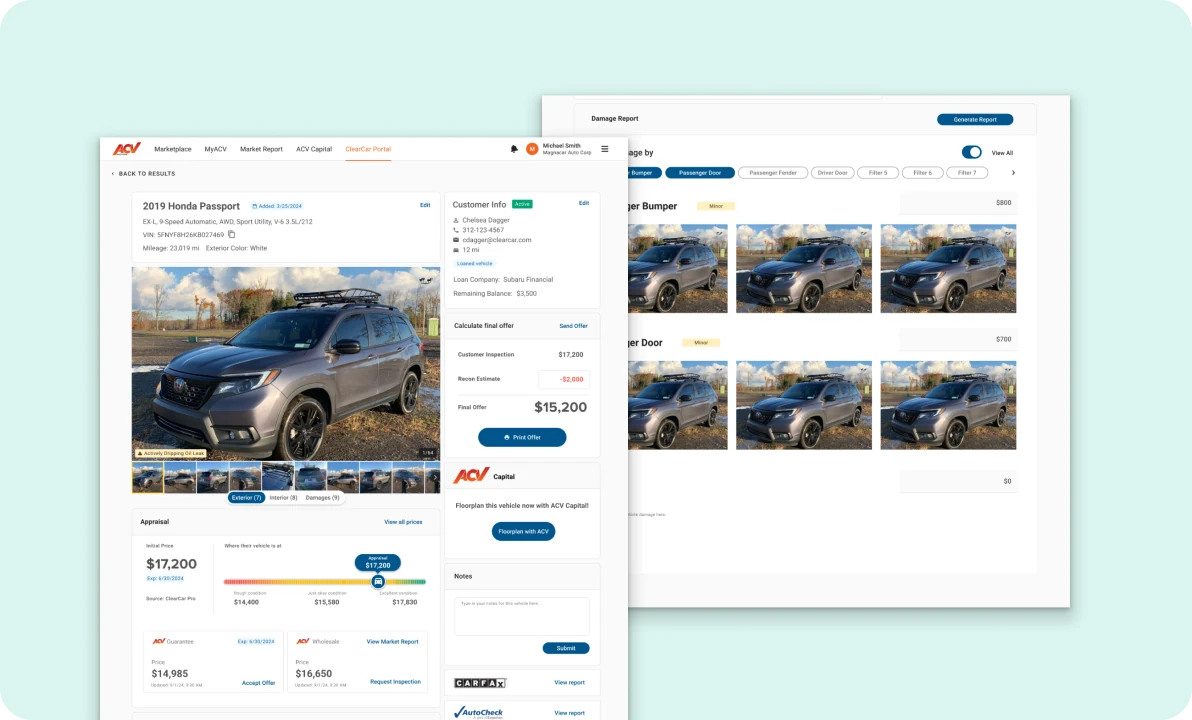 Appraisals Info Page with vehicle details, condition, damage photos and the offer