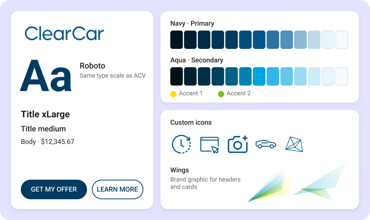 ClearCar design system: logo, Roboto type scale, buttons, navy and aqua color ramps, custom icons and wing graphics