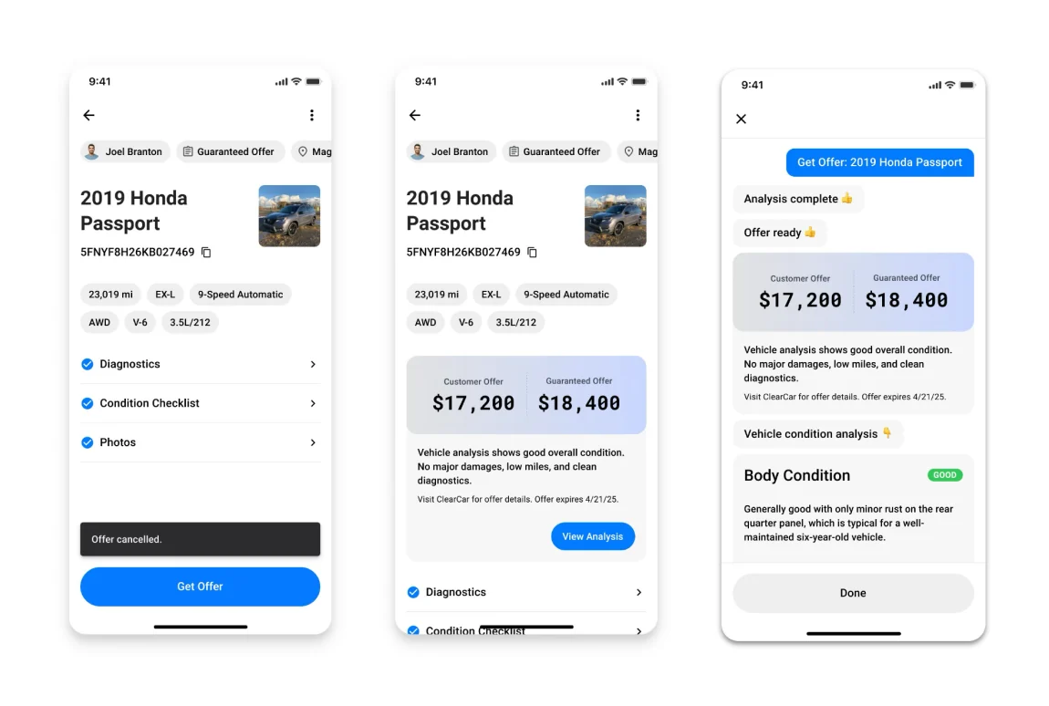 ACV Pro app screens: a vehicle detail page, the same page with an offer, and a chat with the offer ready