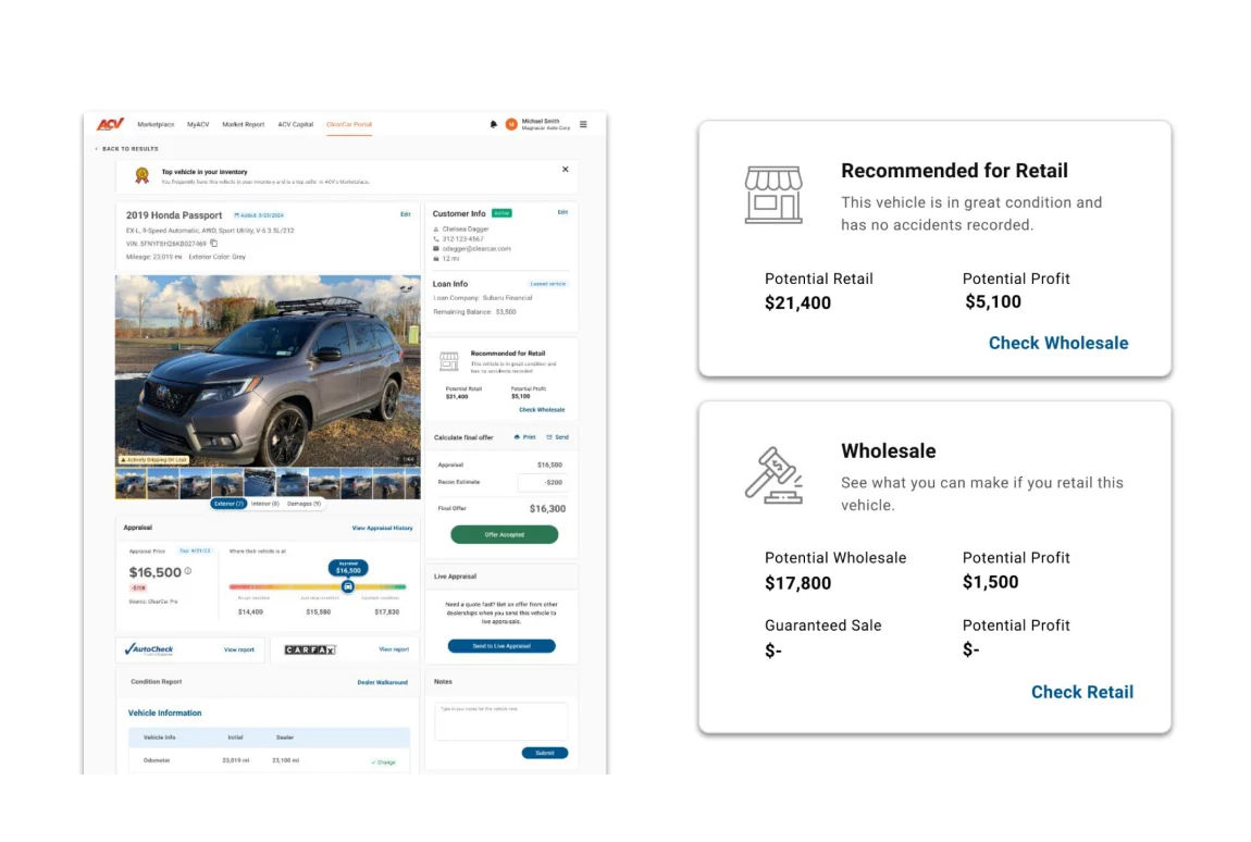 ClearCar dealer portal vehicle page with retail and wholesale recommendation cards