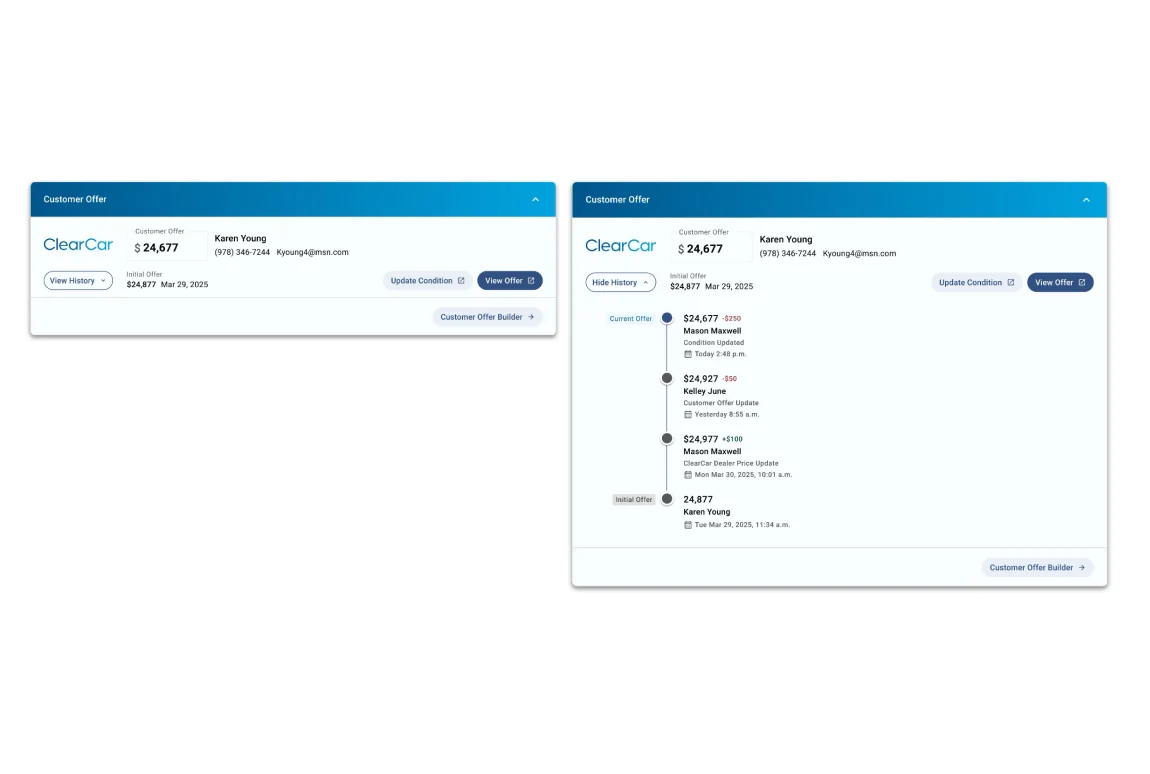 ACV Max customer offer panel with offer history