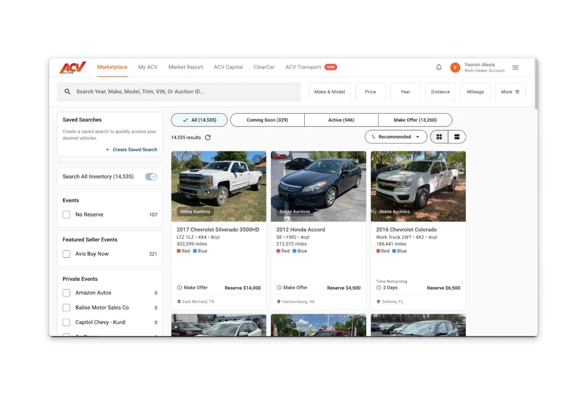 ACV Auctions marketplace with vehicle listings and filters