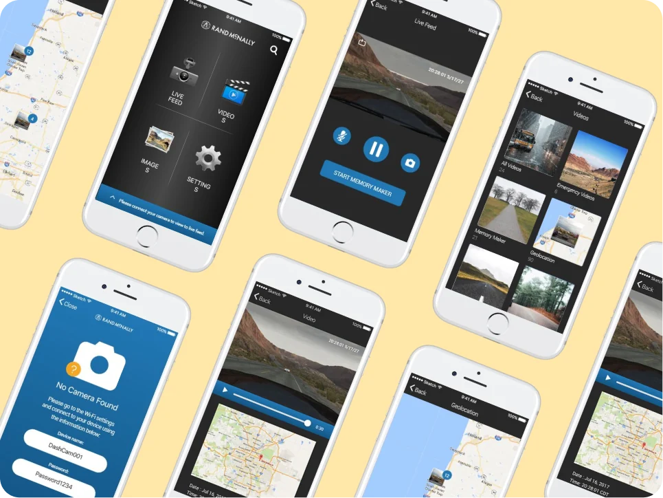 iOS app screens: home, live feed, video categories, geolocation and no camera found