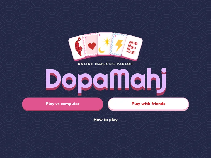 DopaMahj title screen: five candy-colored mahjong tiles fanned over the logo