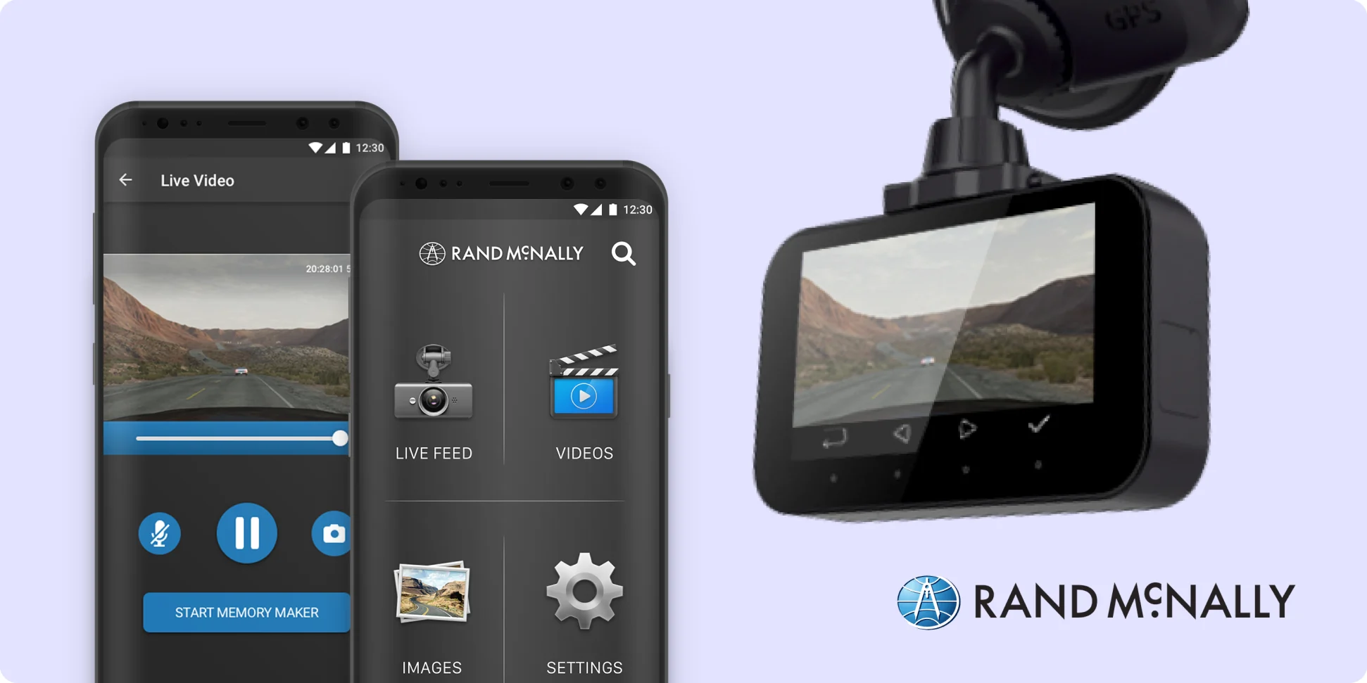 Rand McNally dash cam with its Android app showing live video and the home menu