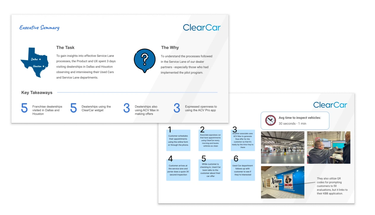 Two slides from the research readout: an executive summary of the Dallas and Houston visits, and the six-step service lane process with photos from the dealerships