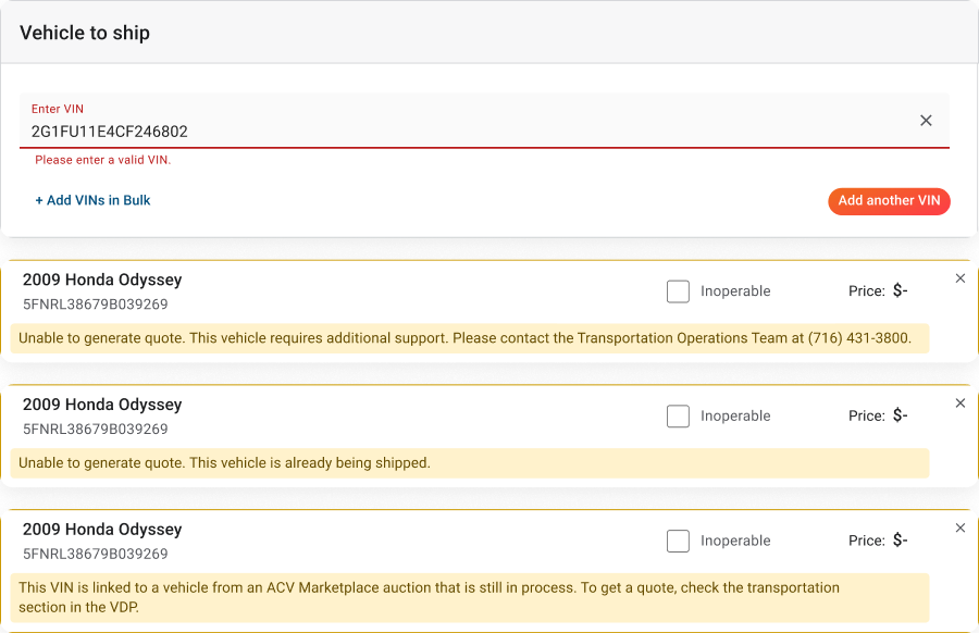 VIN error states shown on each vehicle card