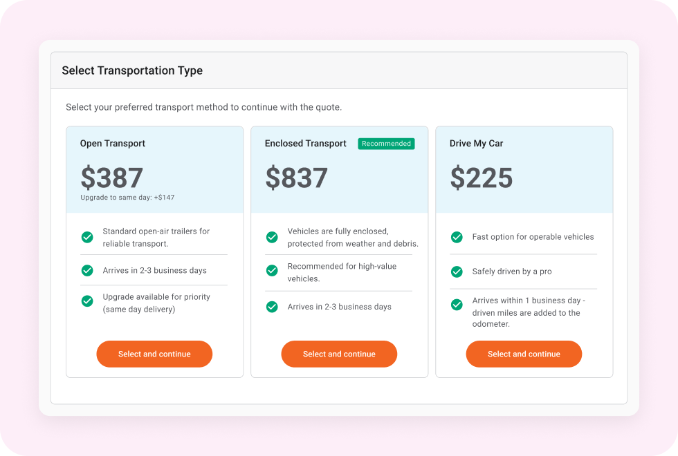 Live quote cards for Open, Enclosed and Drive My Car