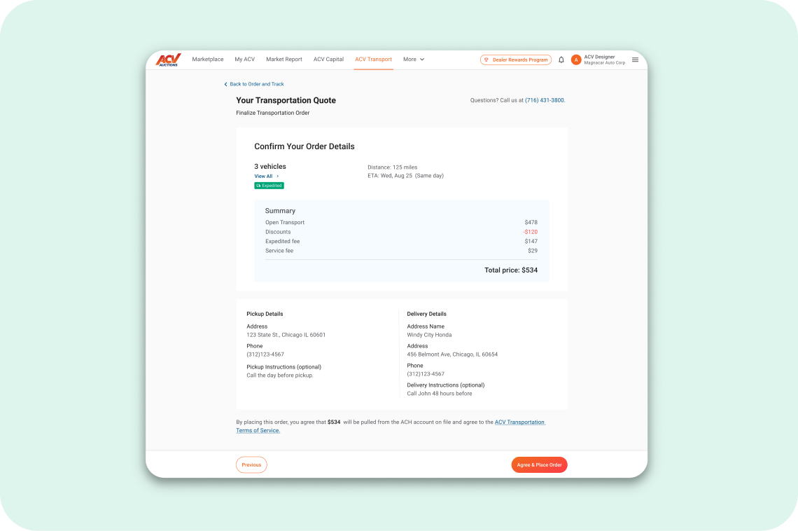 Order review with per-vehicle costs