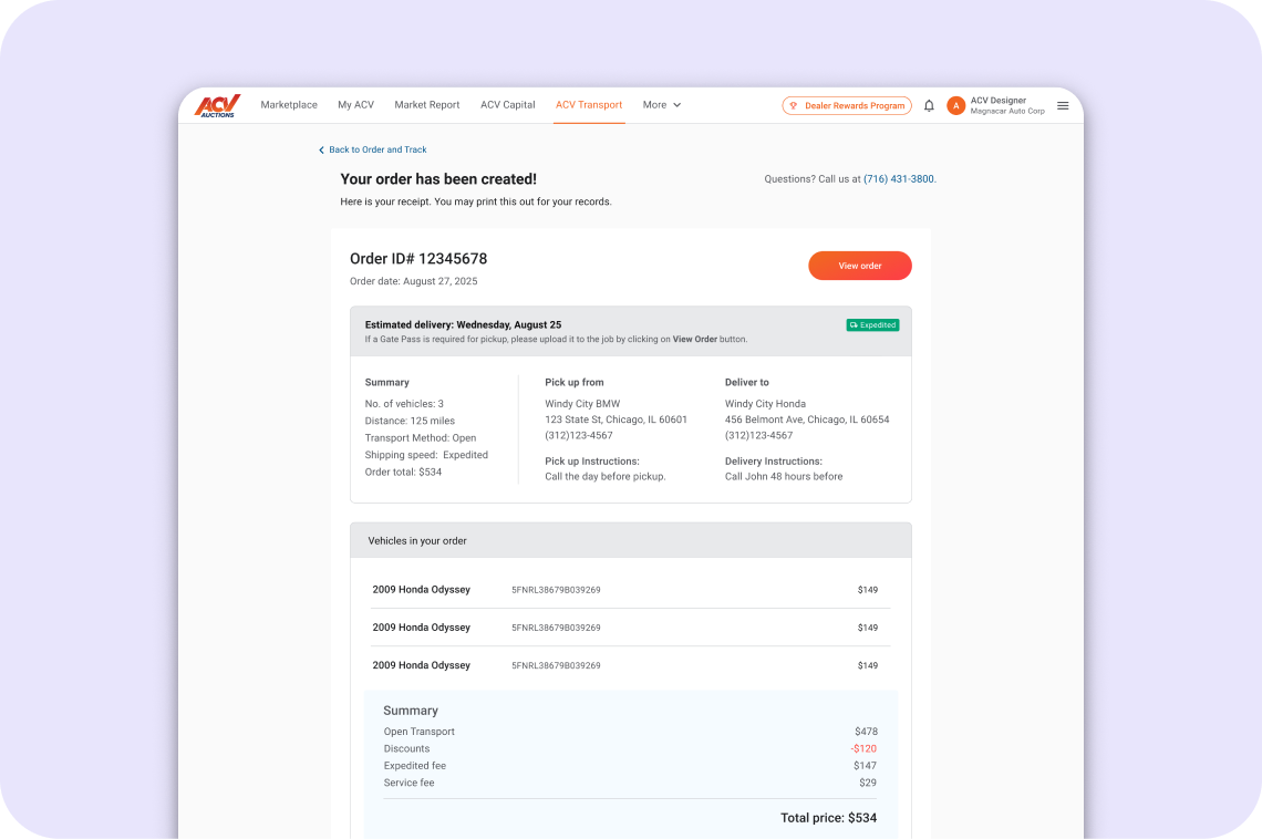 Order created receipt with order ID