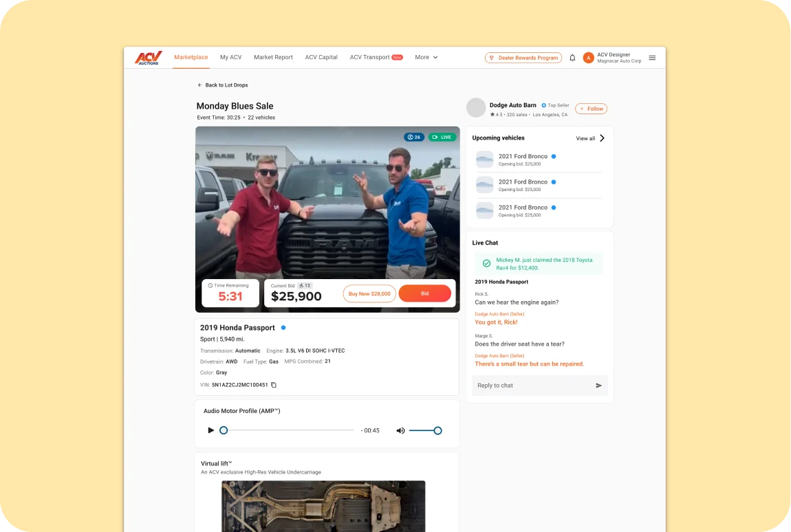 A live drop with the stream, current bid, chat and upcoming vehicles