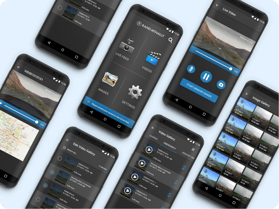 Android app screens: home, live video, galleries, editing and playback with map