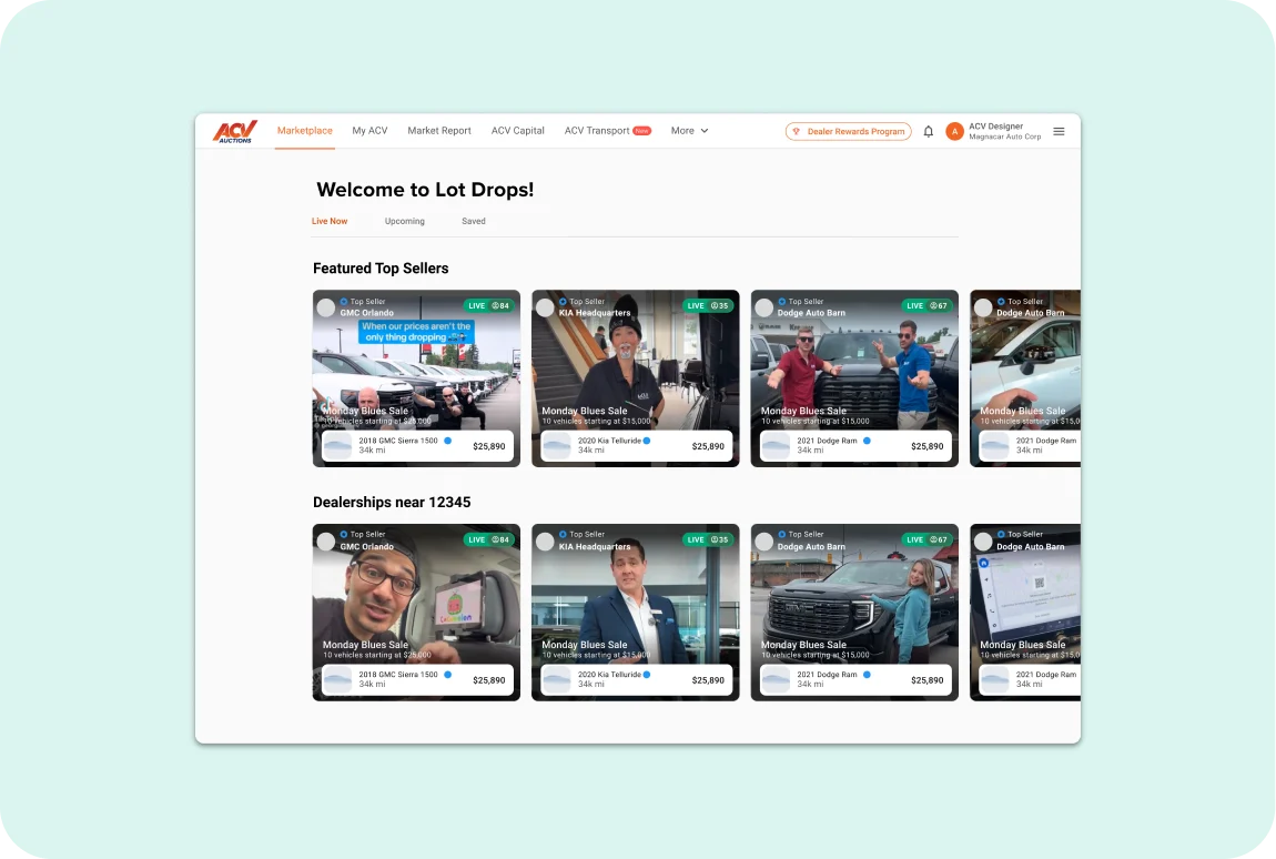 The LotDrops hub with Live Now, Upcoming and Saved tabs